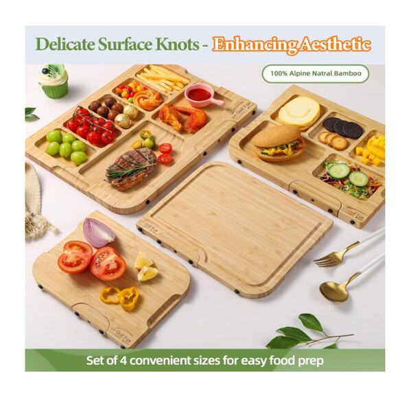 4-PCS Bamboo Cutting Board Set, Stand, Juice Groove & Handle, Double Sided - Picture 5 of 7